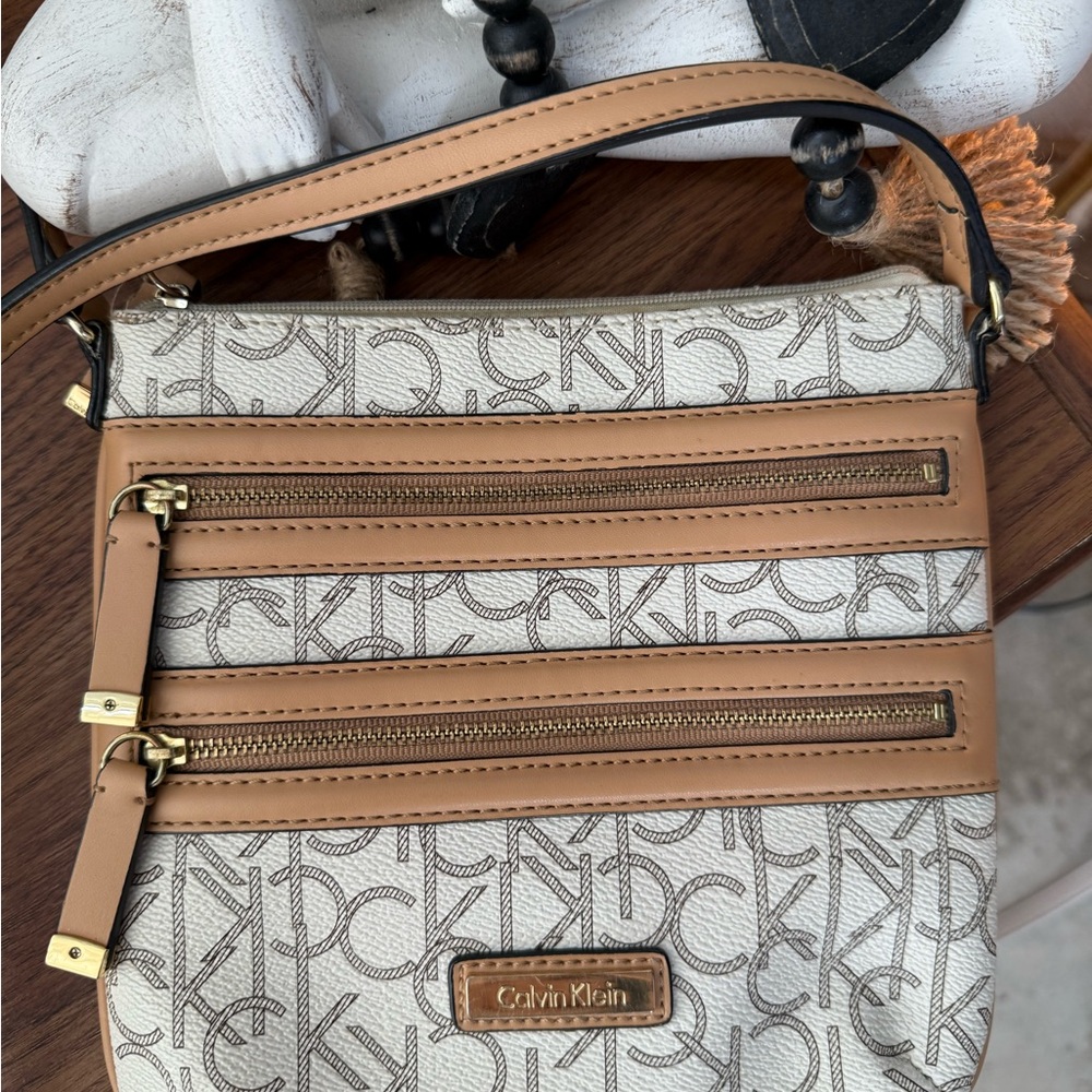 Calvin Klein Tan and Cream Crossbody Bag with Gold-Tone Hardware